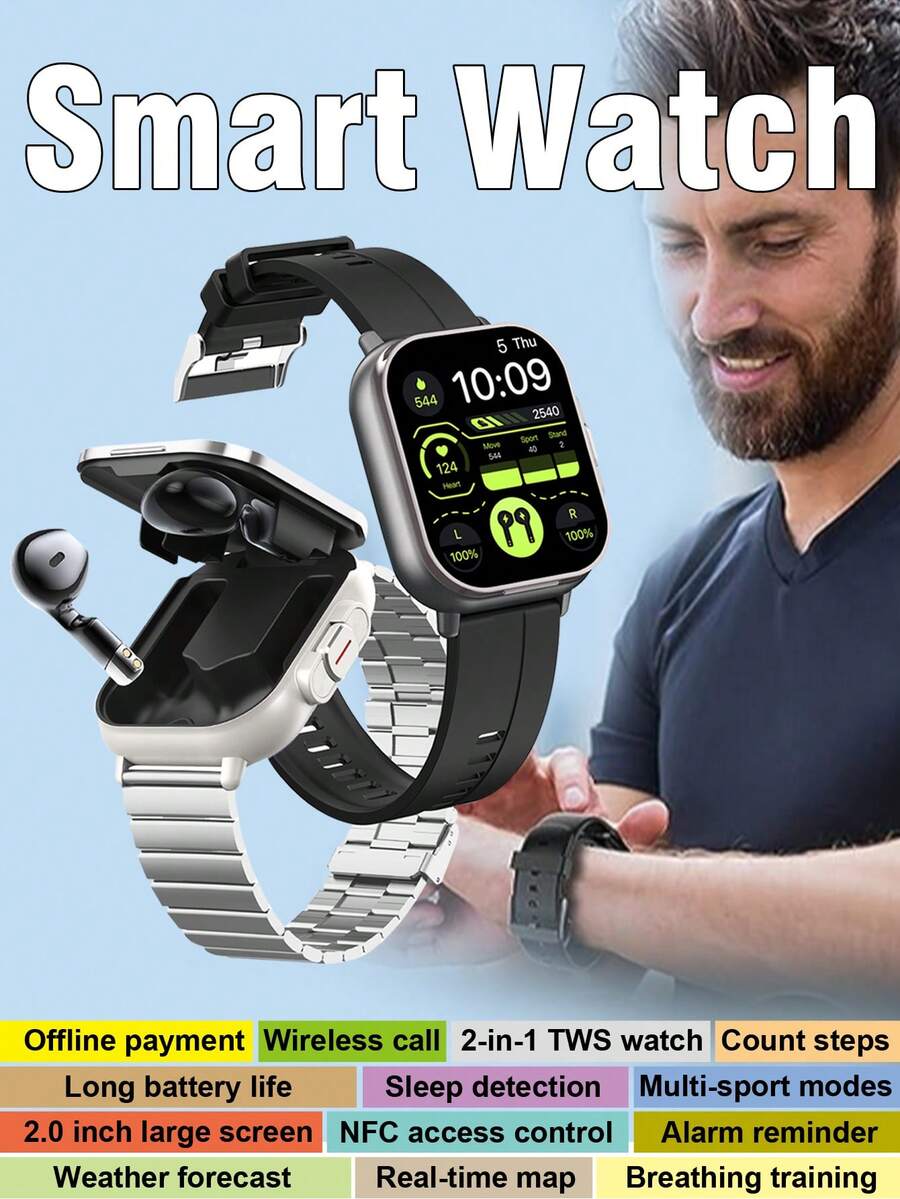 1pc New Smart Watch With Built-In Wireless Earbuds, 2-In-1 Flip Design, 2.01" Touchscreen, Supports Wireless Calling, Music Playback, NFC, Sleep Monitoring, Pedometer, Weather Forecast, Message View, Multiple Sports Modes, Compatible With Various Smartphones.