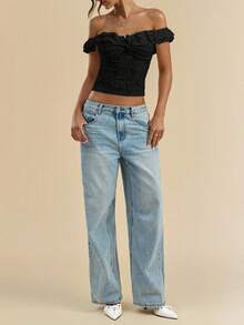 Women Summer Coquette Off Shoulder Ruffle Lace Crop Top Twist Front Short Sleeve Blouse - Black - View 4