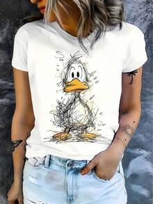 Camiseta manga corta cuello redondo 100% algodón, estampado trendy, tejido ligero y ventilado, estilo moda casual, apta para vida diaria, salidas informales y citas en primavera, verano y otoño - Blanco - Ver 8