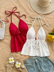 2 piezas Conjunto de top sin espalda con cuello halter y estampado floral de contraste de color, adecuado para verano, salidas, fiestas, bodas, cumpleaños, elegante - Multicolor 17 - Ver 1