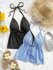 2 piezas Camiseta sin espalda con escote en V y tirantes con estampado de leopardo sexy, adecuada para vacaciones, citas, té de la tarde, vacaciones, festivales de música, estilo bohemio - Multicolor 20 - Ver 6