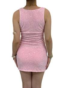 Conjunto de Top Sin Mangas y Falda Mini Ajustada de Lentejuelas para Mujer, Cuello Redondo, Delgado para Fiestas y Clubes de Verano - Rosa - Ver 2