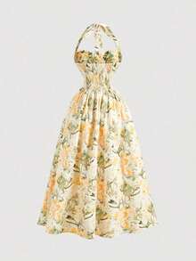 Vestido a media pierna con estampado floral romántico y cuello halter, ideal para el Día de San Valentín, primavera, almuerzos, fiestas de té, vacaciones en la playa, vestidos florales y estilo vintage para mujer - Amarillo - Ver 2