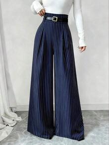 Pantalones de mujer de mezcla de algodón a rayas cómodos, de cintura alta, elegantes y de moda, de alta gama, con pliegues, cintura elástica, rectos, sueltos y de pierna ancha, adecuados para primavera/otoño, uso diario y versátiles - Azul marino - Ver 2