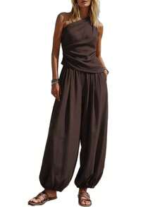 New Women's Summer 2-Piece Set, Minimalist Casual Style, Solid Color, Sleeveless Top, High-Waisted Loose Pants, Flattering, Perfect For Daytime Looks, Walks And Casual Occasions - 棕色 - 查看 7