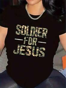 Camiseta de poliéster con estampado "Soldier For Jesus" en blanco y negro - Tela duradera y cómoda, ligera y transpirable, ideal para la iglesia o uso casual, actividades en interiores y exteriores, diseño elegante para hombres y mujeres, ropa para todas las estaciones.|   Camiseta con Estampado Atrevido|   Ajuste Cómodo - Negro - Ver 11