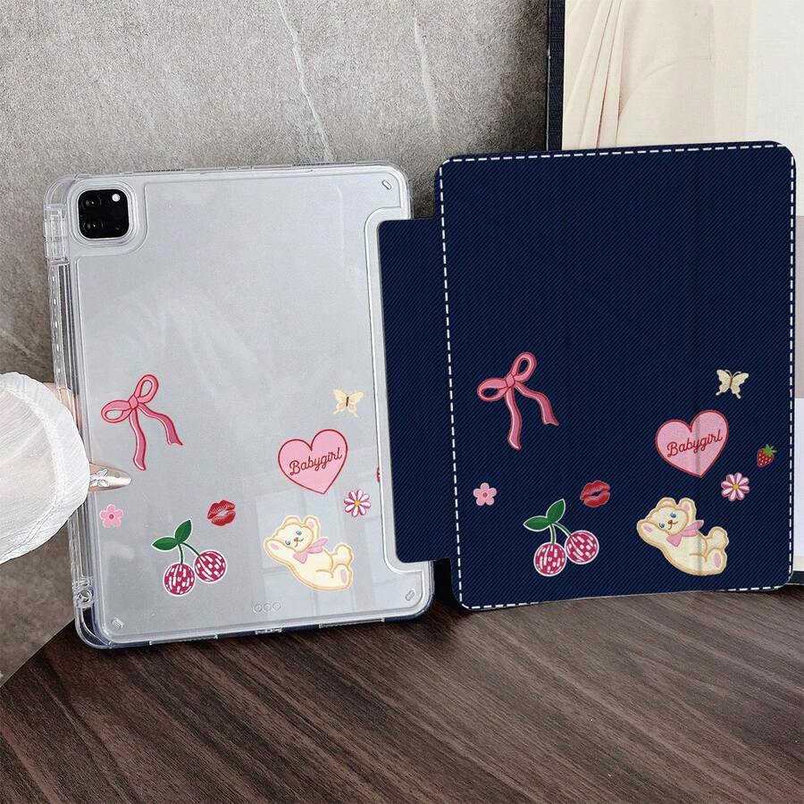 1 chiếc ốp lưng máy tính bảng hai mặt in hình gấu bông và quả anh đào, có khe cắm bút. - Nhiều màu - Xem 1