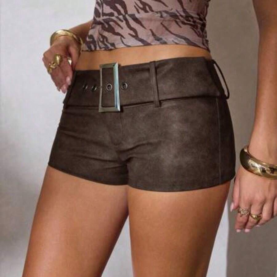Women's Distressed Dyed Washed PU Mini Shorts With Belt, Retro Wasteland Style, Spring/Summer Summer Holiday Outfits Holiday Outfits Summer Outfits For Women Summer Clothes Summer Outfits Summer Outfit For Women - Café integral - Ver 1