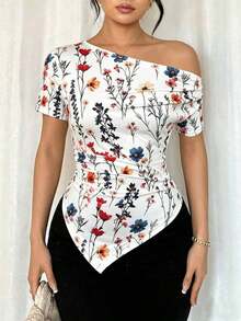 Camiseta de manga corta con pliegues y bajo asimétrico de unicolor casual para mujer, verano - Multicolor - Ver 5