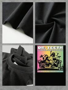 Gráfico colorido con banda tocando instrumentos y transmitiendo energía y alegría musical en un fondo degradado que evoca espíritu retro de concierto y libertad camiseta de mujer  cómoda y moderna para uso diario - Negro - Ver 4