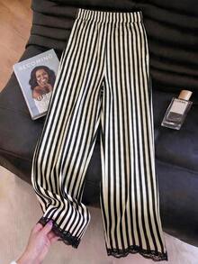 Pantalones rectos sueltos con cintura elástica, estampado de lunares y parches de encaje, adecuados para uso diario.Pantalones de lunares, pantalones con ribete de encaje, pantalones blanco y negro, pantalones de lunares blanco y negro para mujer - Multicolor - Ver 2