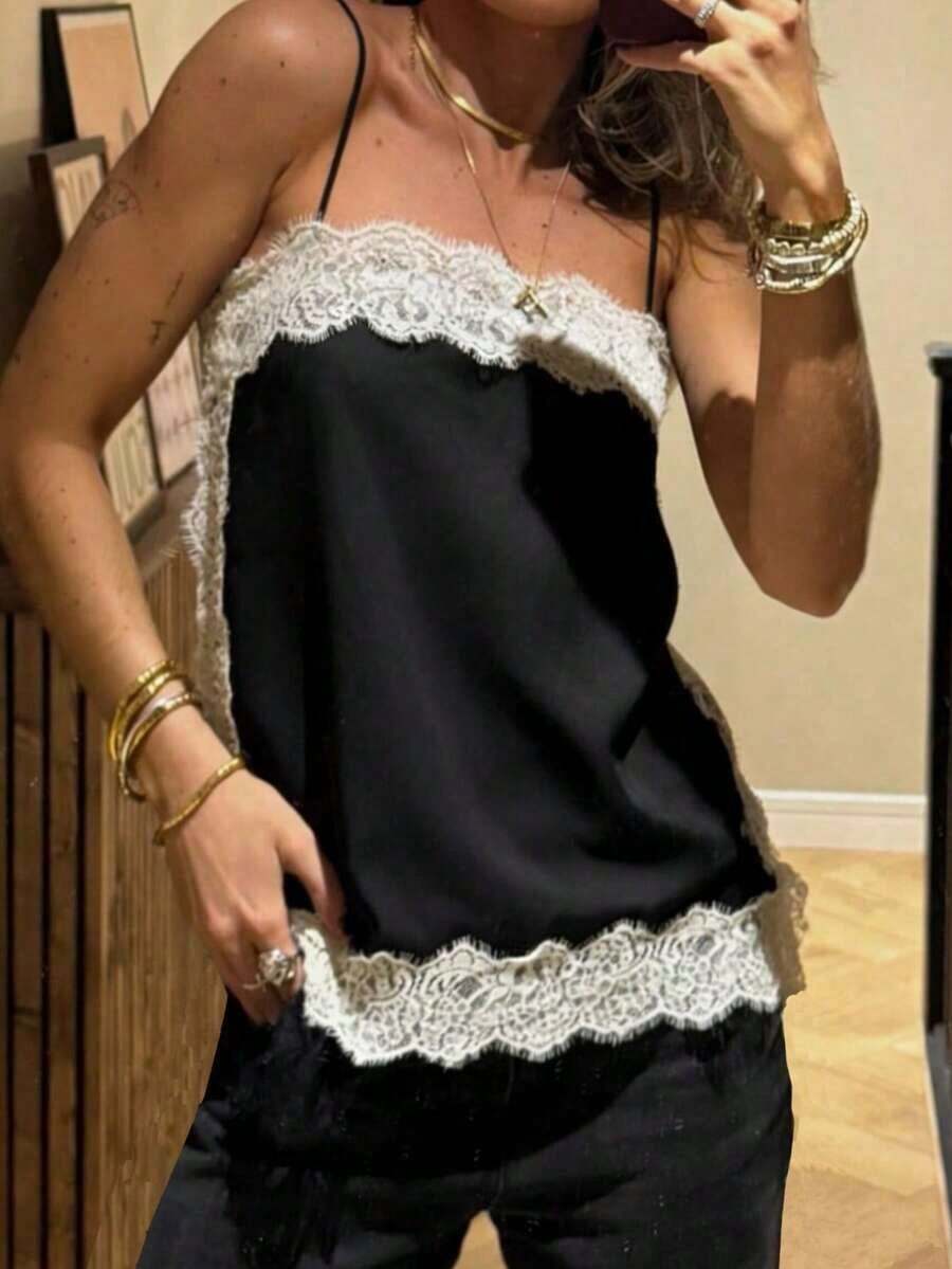 Blusa de satén y encaje blanca, elegante y de moda para mujer, nueva colección de verano DEEKA - Negro 2 - Ver 1