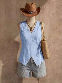Chaleco estilo BOHO casual de estilo campestre estadounidense en color crema amarillento, con tirantes delgados, adecuado para maestras, oficina, viajes, con aspecto vintage.Blusa de verano para mujer en color amarillo claro, top de verano para mujer, top con lazo amarillo, top envolvente amarillo, top cruzado para mujer, top de verano para mujer de estilo occidental, para maestras de campo - Celeste - Ver 2