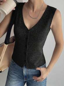 Chaqueta de mujer sin mangas con cuello en V, ajustada, de estilo casual de calle - Negro - Ver 2