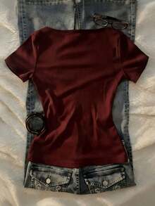 Camiseta de manga corta con cremallera frontal de 2 vías y adorno de encaje para mujer - Multicolor 16 - Ver 3
