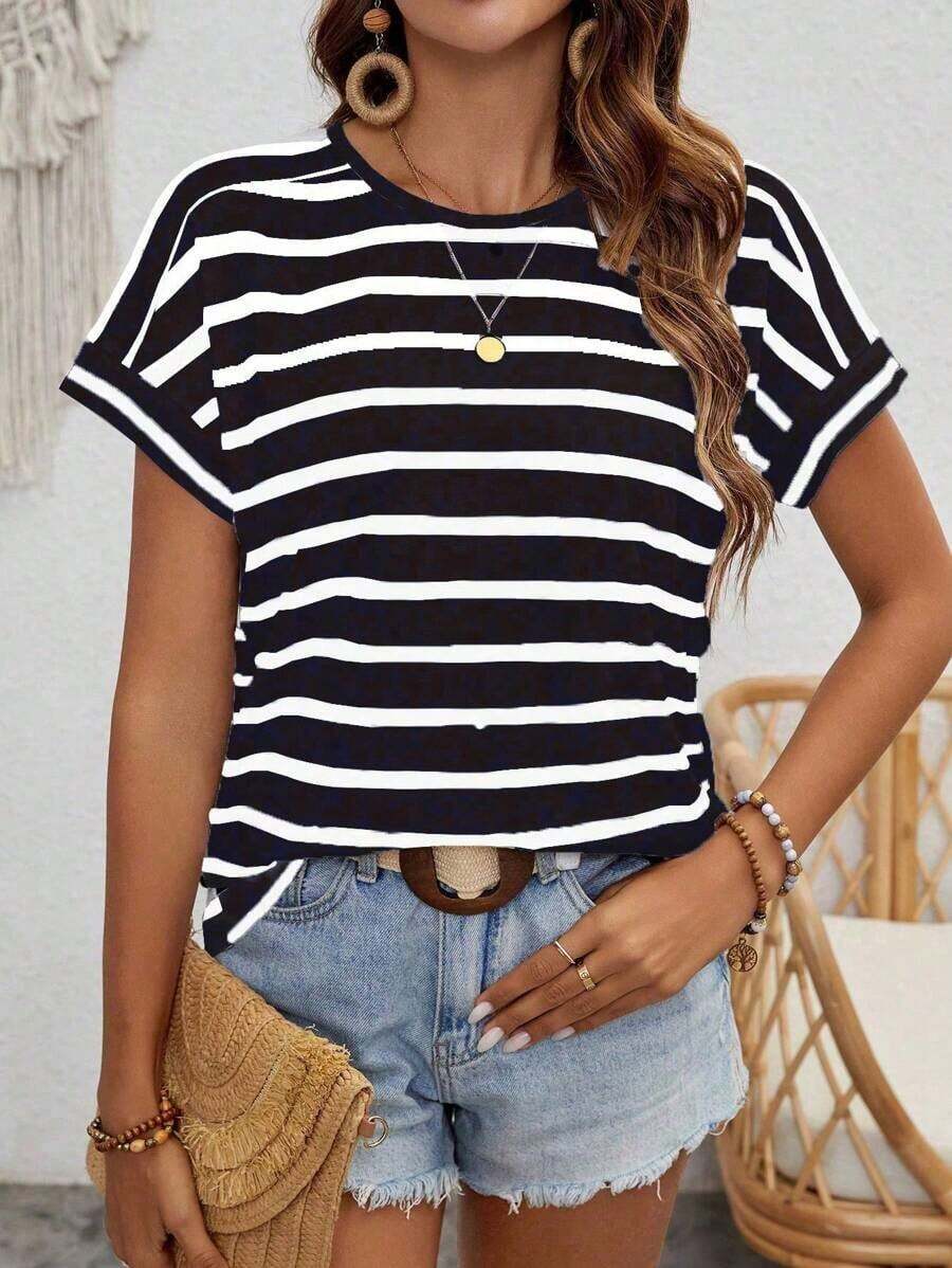 Camiseta con mangas de murciélago a rayas, informal, camisetas gráficas de verano para mujeres - Blanco y Negro - Ver 1