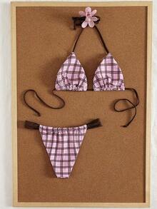 Swim Mod Conjunto de bikini de dos piezas con estampado de frutas y verduras en todo el diseño, con escote halter y lazos, para vacaciones de verano - Multicolor 4 - Ver 2