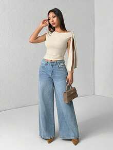 Camiseta de tirantes de unicolor informal con cuello de halter y lazada para el verano - Albaricoque - Ver 5