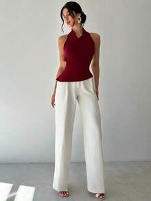 Camisa elegante de oficina para mujer, blusa asimétrica sin mangas con cuello halter y espalda descubierta, con botones decorativos ajustables, negra y entallada, para uso en la oficina.Ropa de primavera/verano, elegante y sexy. - Burdeos - Ver 8
