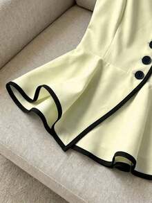 Camisa con botones, volantes y cinturón de unicolor negro y blanco con ribete en contraste, camiseta de tirantes, blusa, adecuada para uso diario, minimalista y elegante, para ir al trabajo, verano - Amarillo - Ver 3