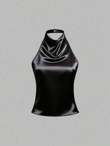 Camiseta sin espalda con lazo, de satén de unicolor, con drapeado halter elegante - Negro - Ver 1
