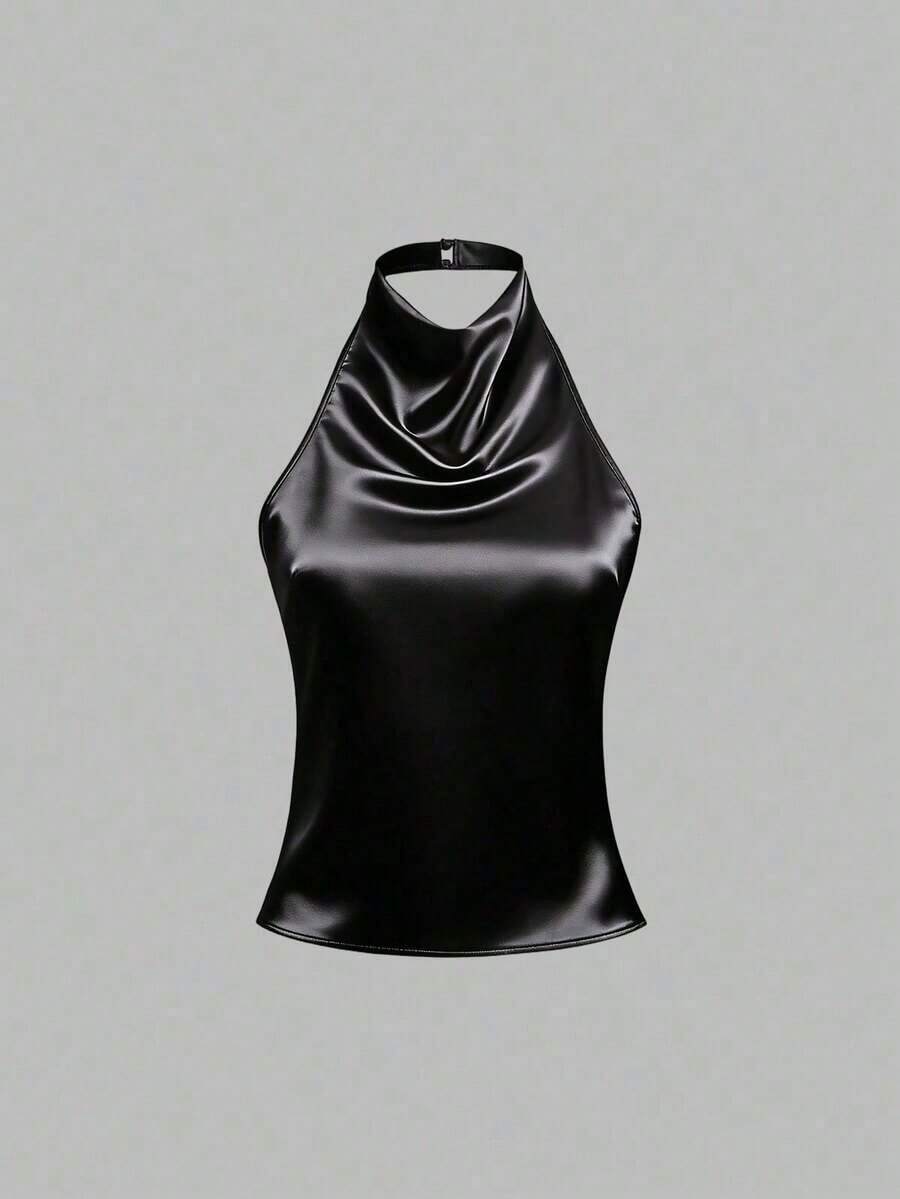 Camiseta sin espalda con lazo, de satén de unicolor, con drapeado halter elegante - Negro - Ver 1
