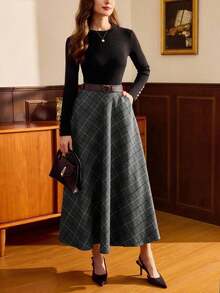 DECDS Falda elegante vintage para mujer con bolsillos y cinturón a cuadros, falda casual de vacaciones, falda gris de otoño, invierno y Navidad, falda para invitada de boda - Gris - Ver 5
