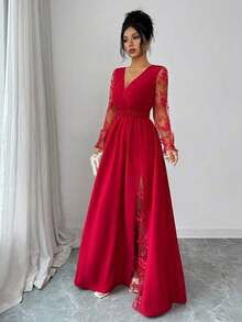 Vestido elegante de mujer con cuello en V profundo, parche de encaje, manga larga y abertura alta, adecuado para graduación, vacaciones, Día de San Valentín, festivales de música, Día de la Madre, Acción de Gracias, Pascua, Día Nacional, bailes, citas, fiestas, bodas, actividades al aire libre, primavera/verano - Rojo - Ver 4