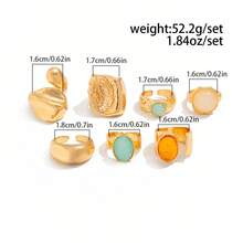 7pcs Vintage Geometric Jade Inlaid Ring Set, Thick Metal Gold Color Rings For Women, Suitable For Daily Wear And Party Decoration, Gift Jewelry Set (Ring Texture Random) - Gold - View 5