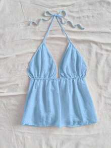 Blusa sin mangas con cuello halter y lazo en la espalda, adecuada para el verano - Celeste - Ver 2