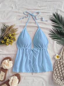 Blusa sin mangas con cuello halter y lazo en la espalda, adecuada para el verano - Celeste - Ver 3