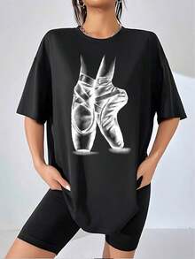 Stylish Women's Ballet Slipper Graphic Tee, Elegant Cotton Blend Tee With Unique Dance Print, Casual Short Sleeve Tee For Ballet Lovers, Comfortable And Fashionable Fit. - 黑色 - 查看 6