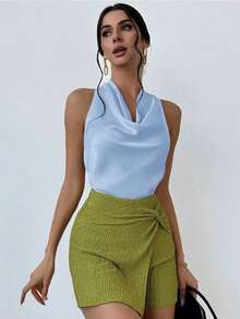 Blusa elegante minimalista con cuello drapeado y lazo delantero para mujeres, color albaricoque - Celeste - Ver 6