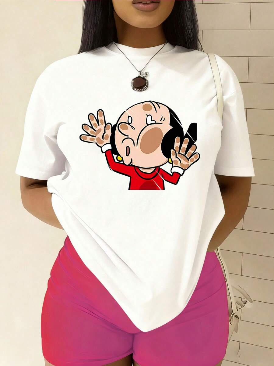 Women's fashionable T-shirt, featuring the "Mighty Man from and " pattern print, made of 100% pure cotton with a round neck and short sleeves. It is comfortable and breathable, casual and elegant, a must-have for summer. - Blanco - Ver 1