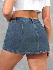 Minifalda vaquera casual con bolsillo y estampado de rayas para mujer, primavera/verano - Azul lavado oscuro 4 - Ver 3