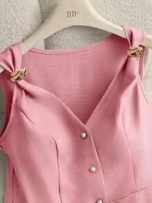 camiseta de tirantes sin mangas con cuello en V y diseño de hebilla metálica minimalista y elegante que estiliza la cintura, para mujer, de verano - Rosa - Ver 5