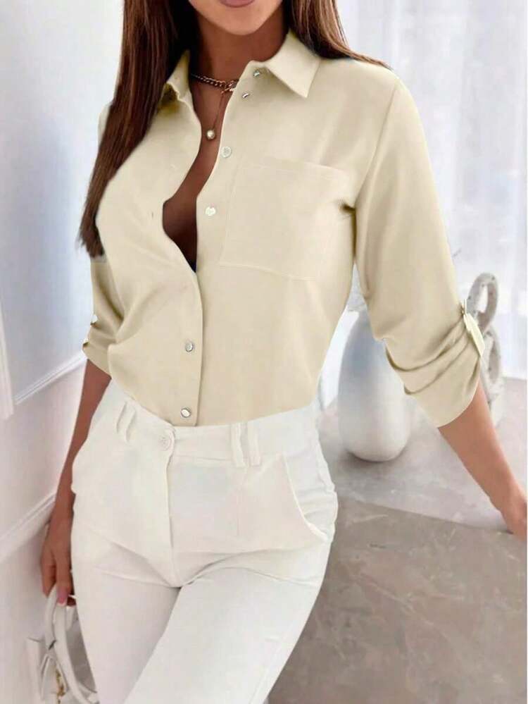 Camisa de mujer de manga larga de unicolor casual con puño - Albaricoque - Añade 3