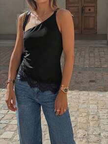 Nueva llegada Primavera/Verano Elegante Top casual de lino color albaricoque con cintura fruncida, bajo asimétrico y espalda descubierta - Negro - Ver 8
