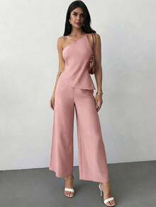 Nueva llegada Primavera/Verano Elegante Top casual de lino color albaricoque con cintura fruncida, bajo asimétrico y espalda descubierta - Rosa - Ver 4