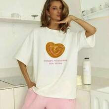 Camiseta blanca holgada con estampado de galletas en forma de corazón estilo americano, moda europea y americana, top juvenil de manga corta. - Negro - Ver 1