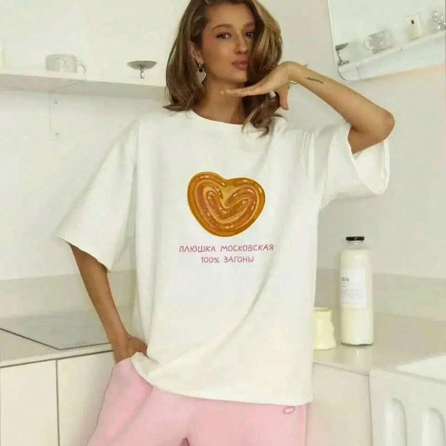 Camiseta blanca holgada con estampado de galletas en forma de corazón estilo americano, moda europea y americana, top juvenil de manga corta. - Negro - Ver 1