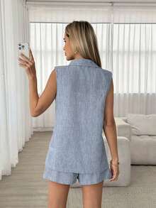Conjunto de chaleco y pantalones cortos casuales para mujer, atuendo para ir al trabajo - Azul - Ver 3