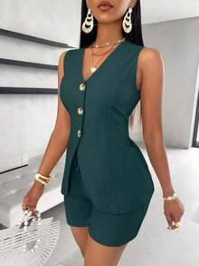 Chaleco con botones delanteros y shorts - Verde Oscuro - Ver 5