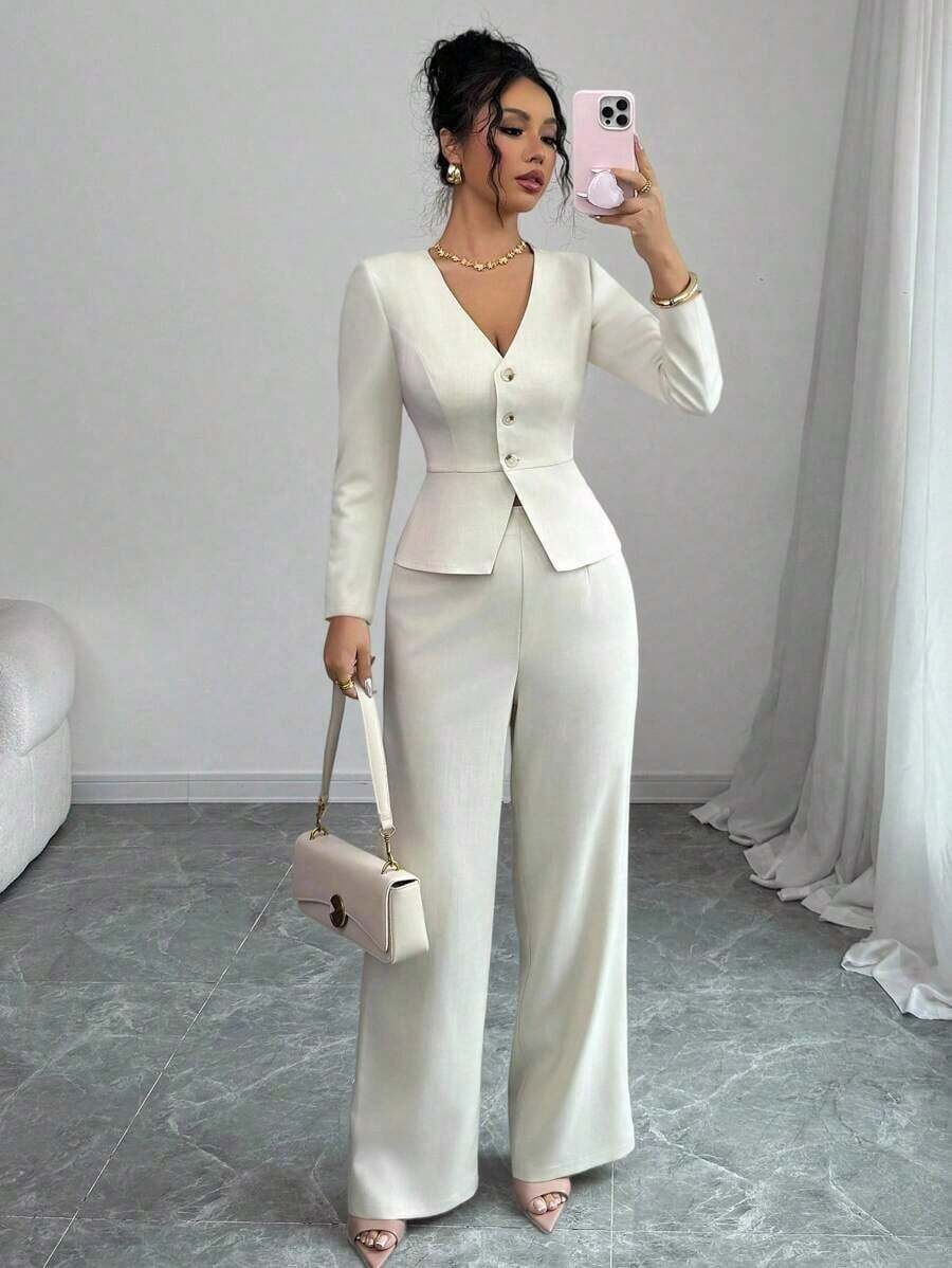 Elenzya Conjunto de blazer y pantalones de manga larga elegante para mujer, estilo de negocios/oficina, adecuado para verano, Día de la Independencia, graduación, vuelta al colegio - Albaricoque - Ver 1