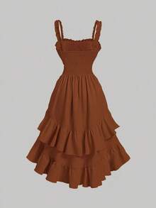 MOD Vestido de estilo vintage de palacio con volantes multicapa y diseño romántico en color albaricoque para mujer de talla grande - Café integral - Ver 2