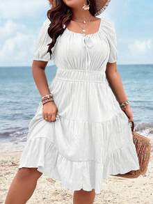 Clasi Vestido corto de manga corta en color burdeos de uso diario, sencillo y liso para mujeres de talla grande - Blanco - Ver 7