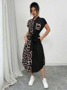Vestido largo de manga corta para verano 2025, nuevo, con bolsillo, abertura lateral, cinturón y lazo, estampado de leopardo, para uso casual y de viaje - Multicolor - Ver 3