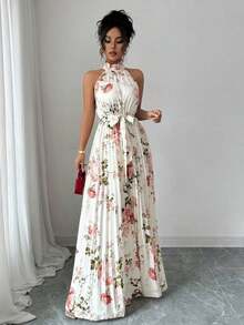 Vestido elegante y romántico sin mangas con cuello en V y bajo acampanado con estampado, multicolor, para mujeres - Multicolor 8 - Ver 9