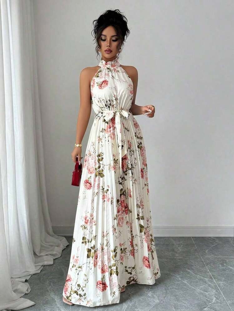 Vestido elegante y romántico sin mangas con cuello en V y bajo acampanado con estampado, multicolor, para mujeres - Multicolor 2 - Añade 8