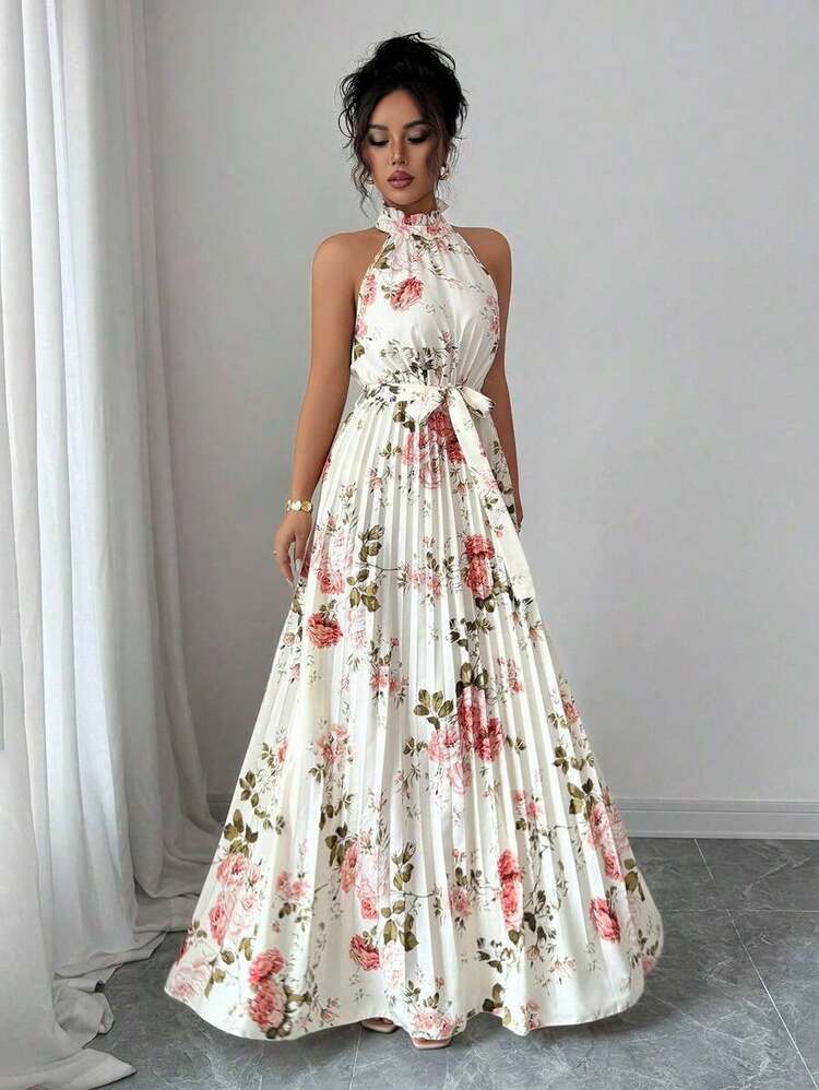 Vestido elegante y romántico sin mangas con cuello en V y bajo acampanado con estampado, multicolor, para mujeres - Multicolor 2 - Añade 11